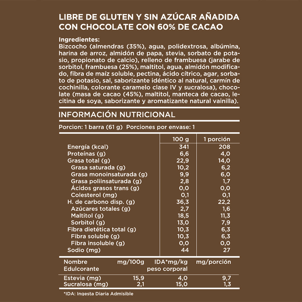 Barra almendra frambuesa chocolate blanco 61 grs