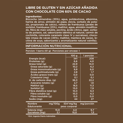 Barra almendra frambuesa chocolate bitter 61 grs