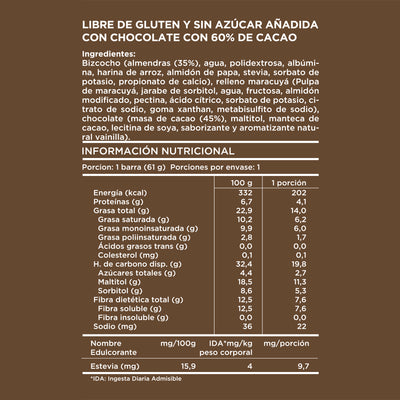 Barra almendra maracuya chocolate bitter 61 grs
