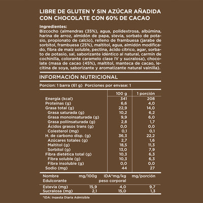 Barra almendra frambuesa chocolate blanco 61 grs